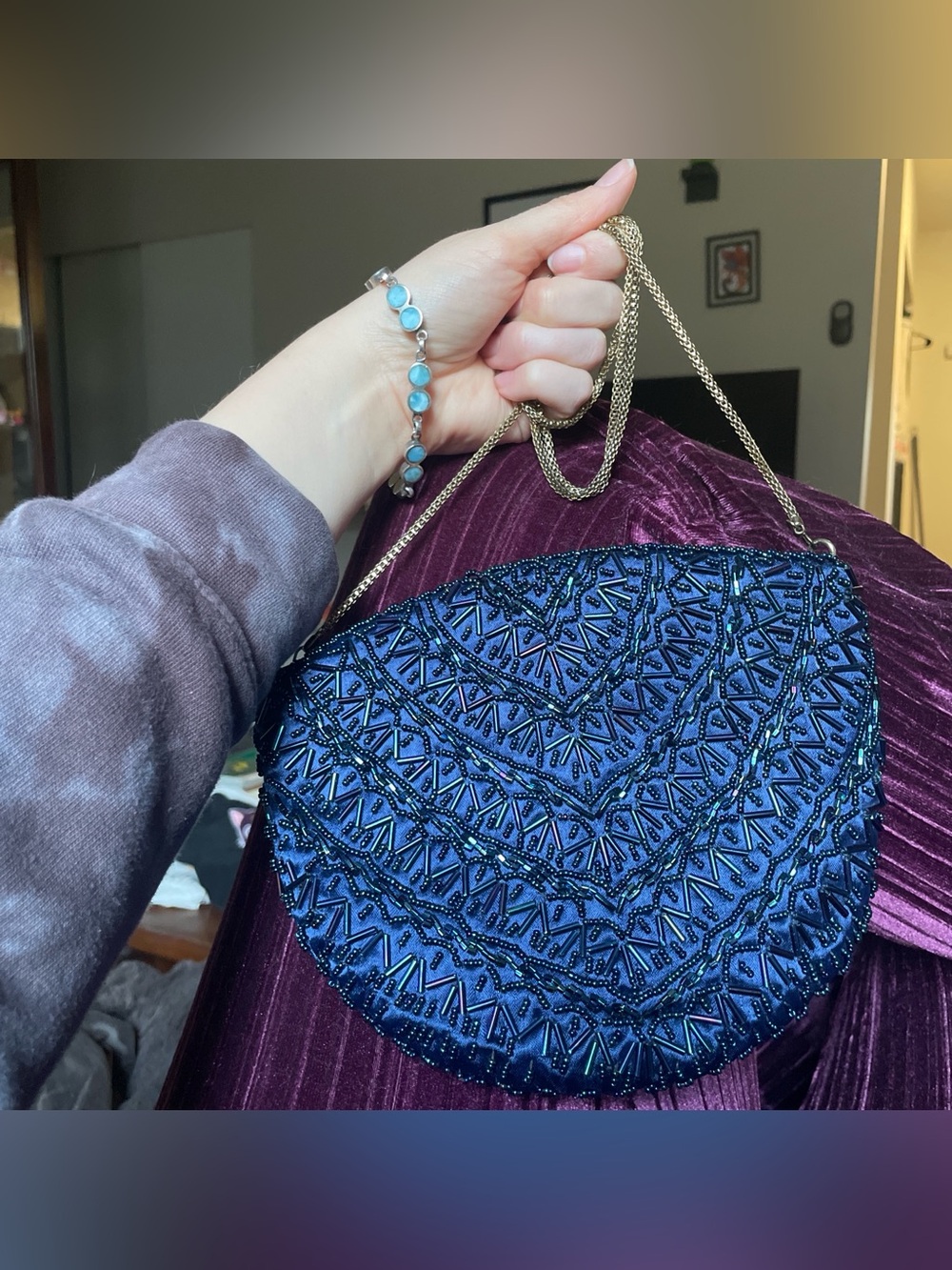 Regale Beaded Navy Evening Clutch with Gold Chain Strap